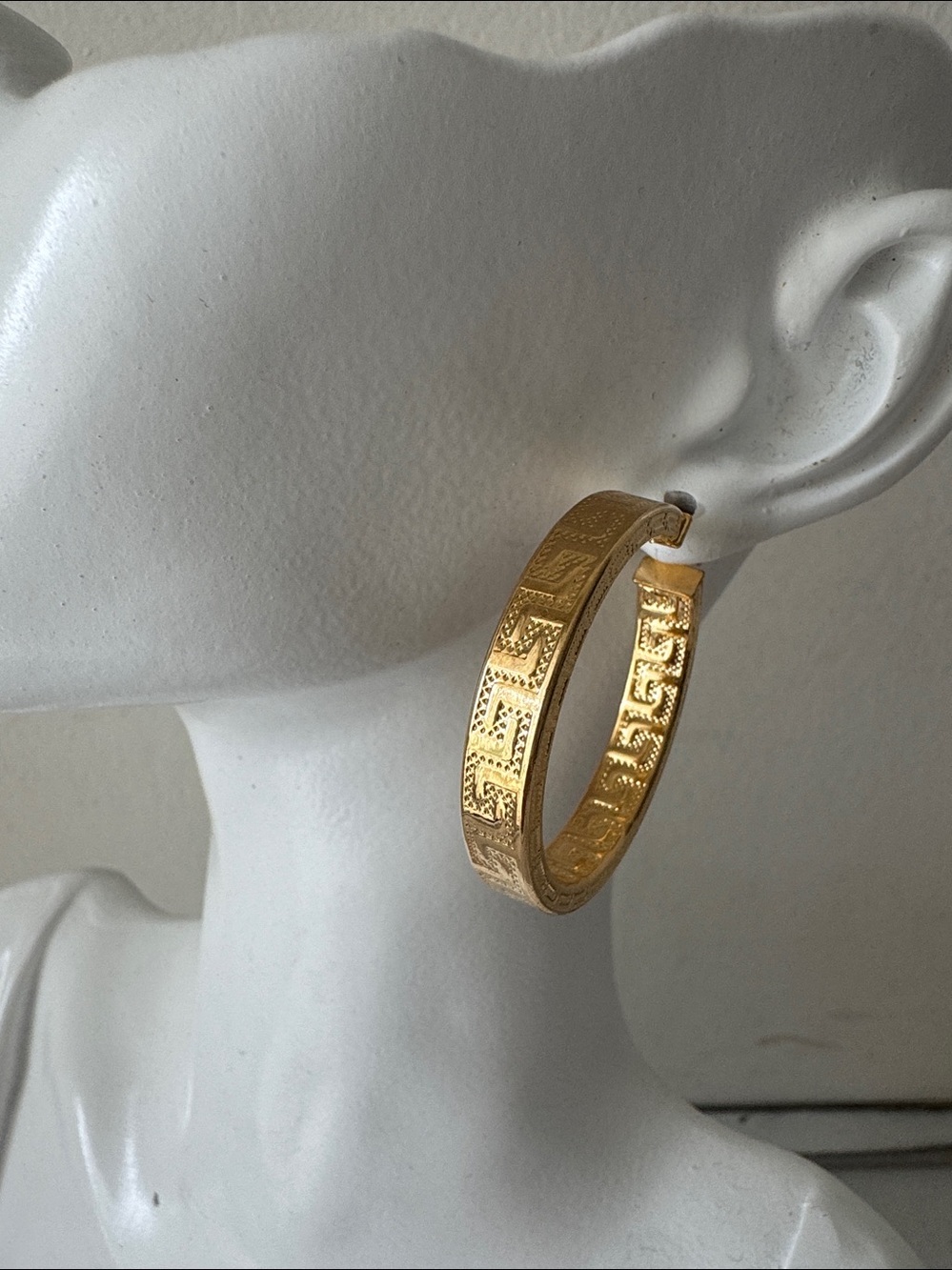 Mia Fiore Gold Plated Brass Greek Key Hoop Earrings 1 1/4" Diameter